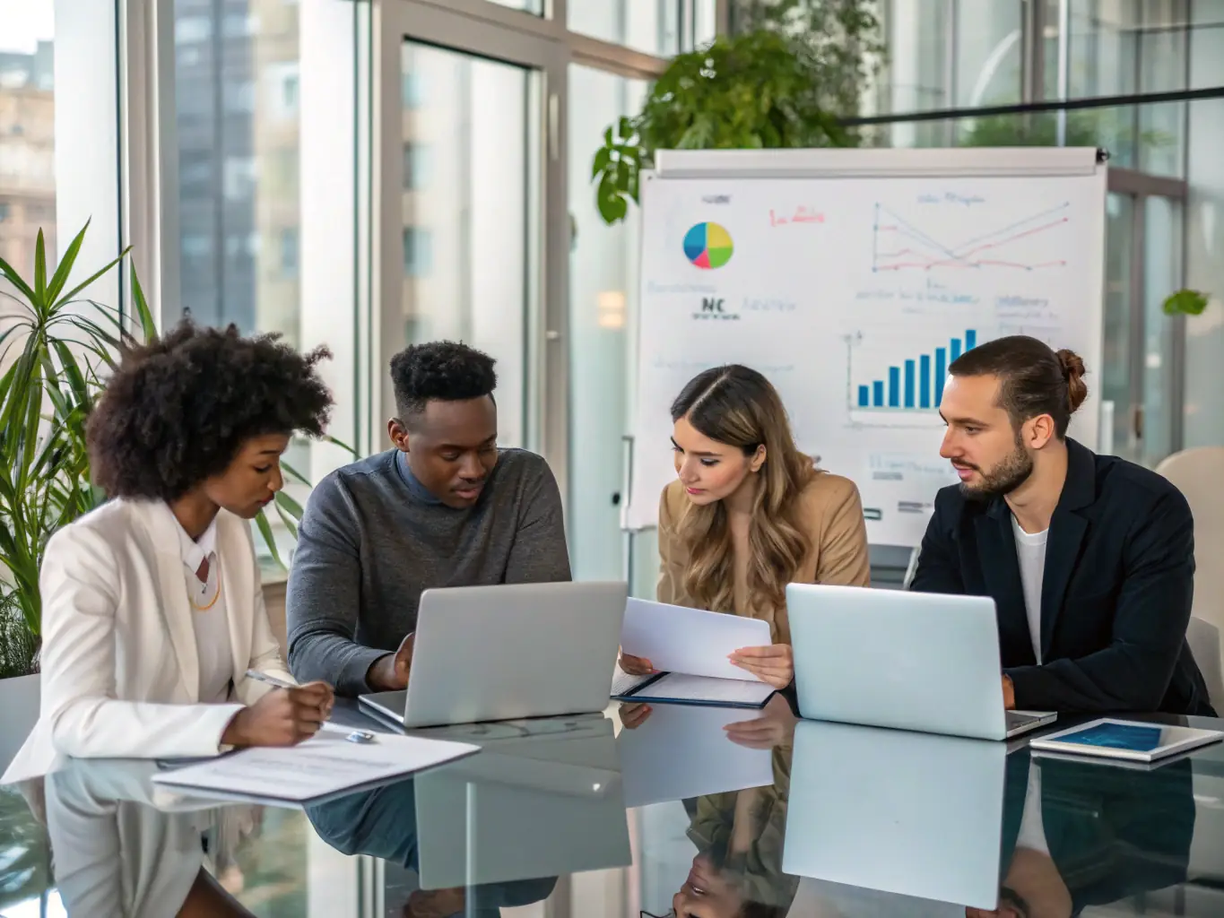 An image of a business team reviewing data and strategy charts on a digital tablet, symbolizing assessment and planning. The team is diverse and engaged, with one member pointing to a key insight on the tablet's screen. The setting is a modern office with soft lighting.
