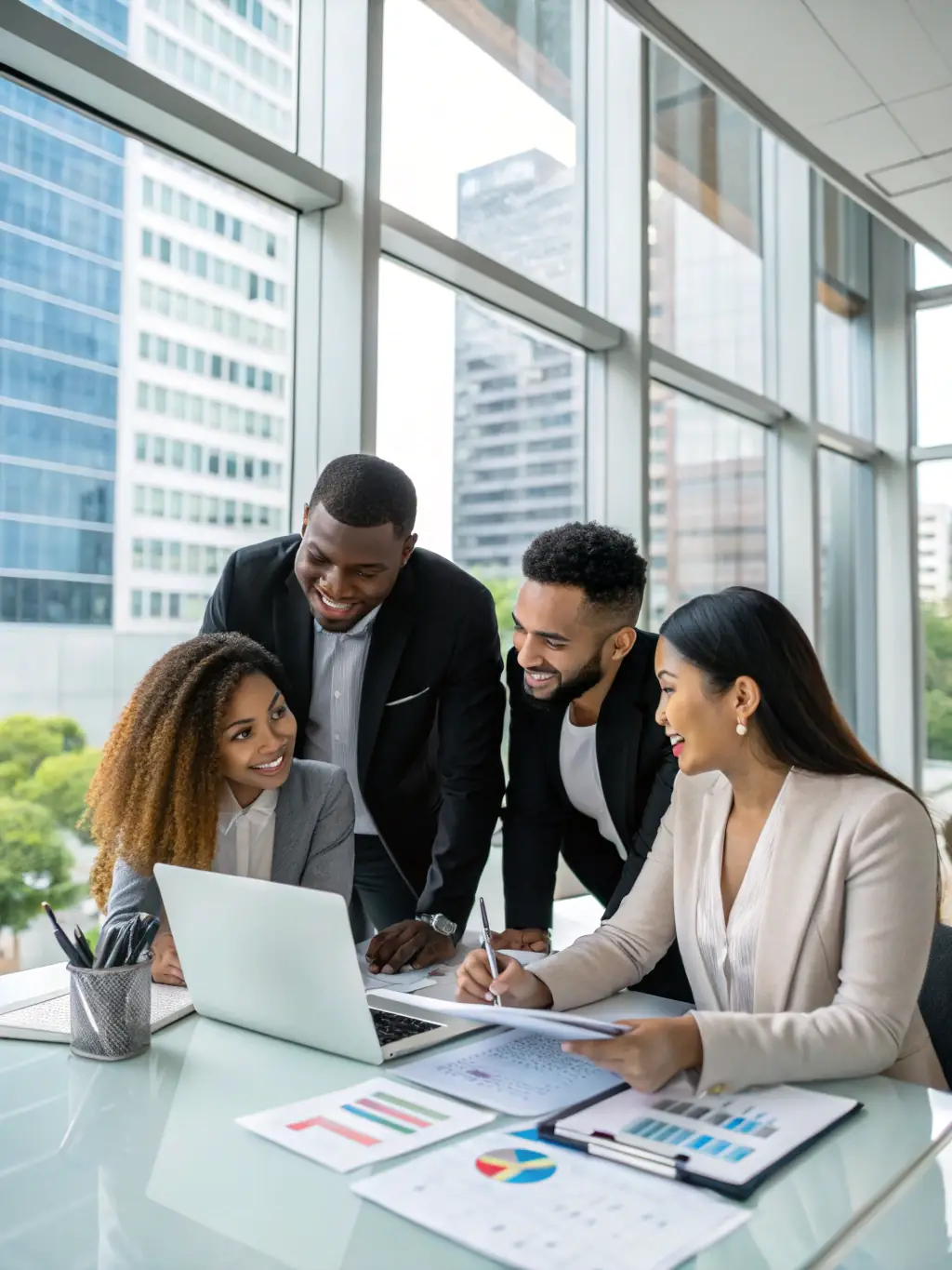 A marketing team analyzing AI-generated insights to create smarter campaigns and improve customer targeting, with metrics showing increased ROI.