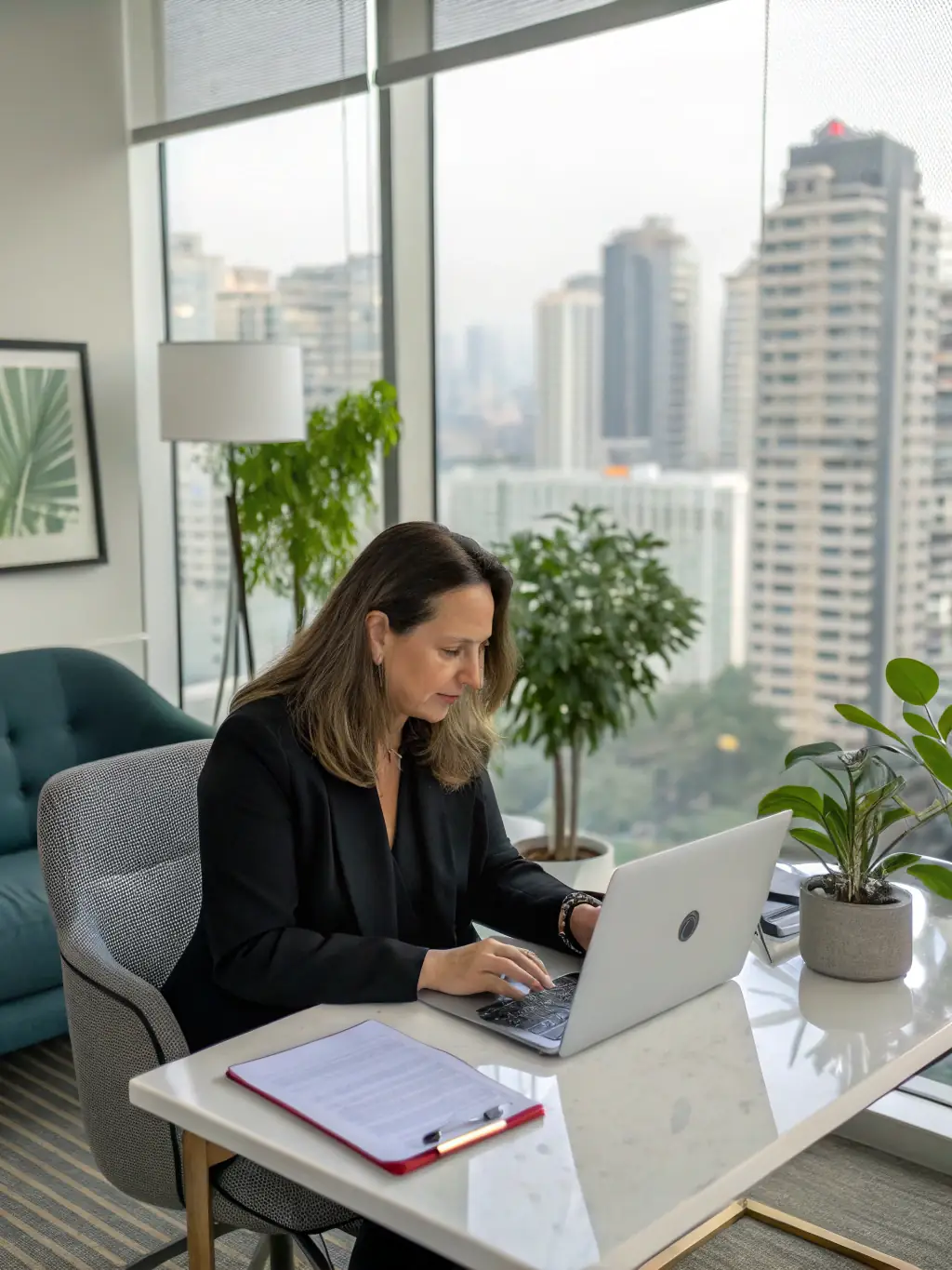 A professional in a modern office setting using Microsoft 365 Copilot to automate payroll tasks, with charts showing improved efficiency and reduced errors.